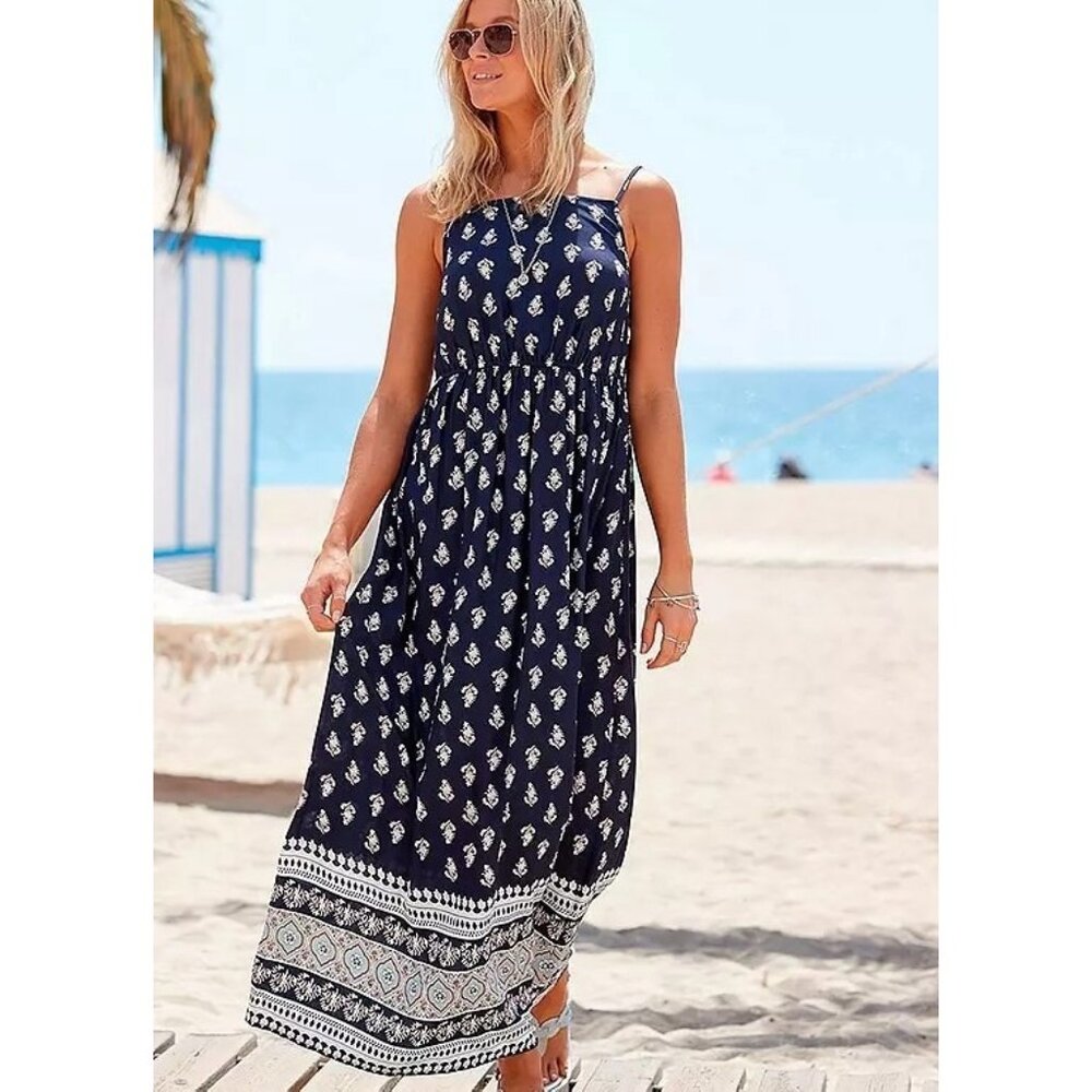 Vivance Sustainable Printed Maxi Dress Navy Blue size 6